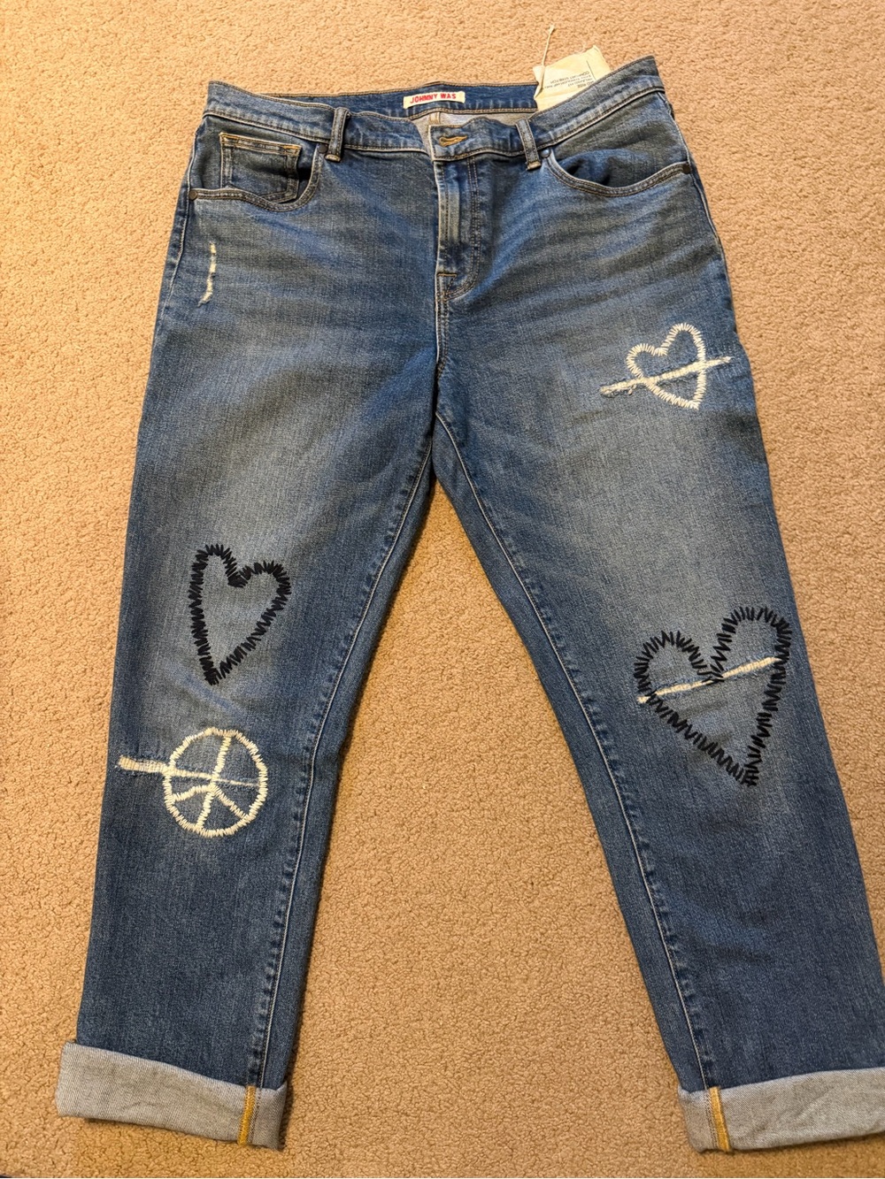 Johnny Was Blue Denim Boyfriend Jeans with Heart & Peace Embroidery